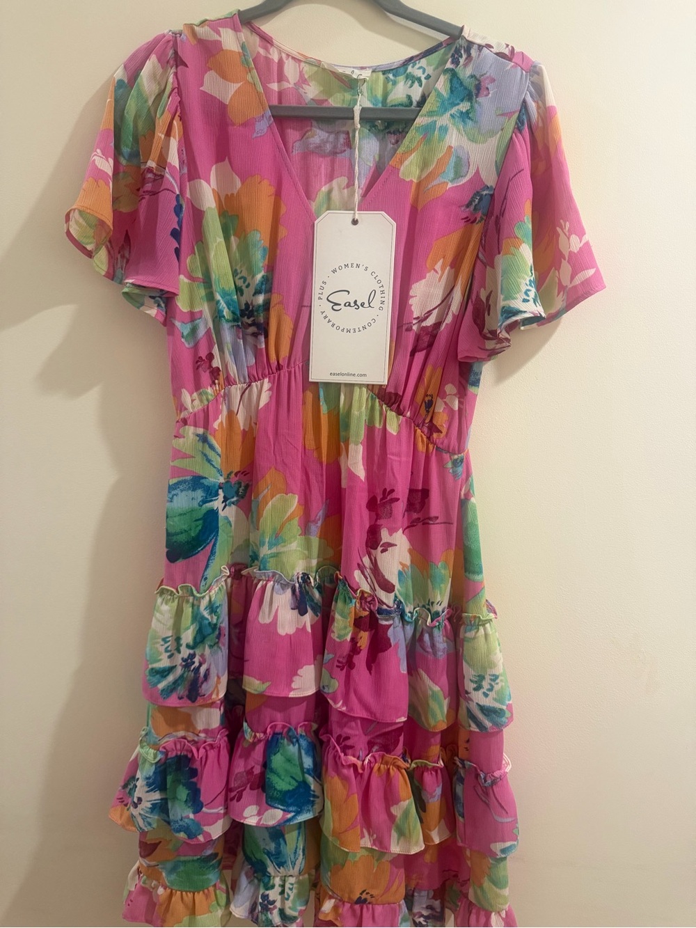 Easel Pink Floral Tiered V-Neck Casual Dress